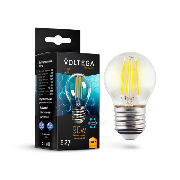 Лампа светодиодная Voltega E27 6,5W 2800K прозрачная VG10-G45E27warm9W-F 7138